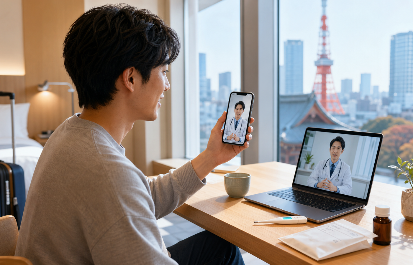Traveler in Japan using an online Japanese doctor consultation